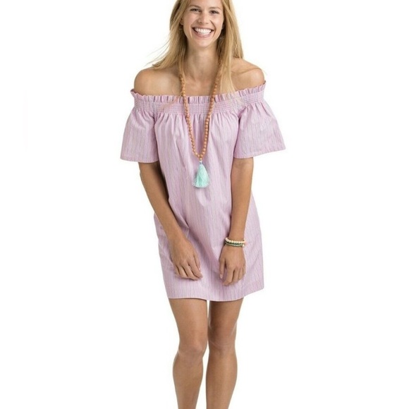 Vineyard Vines Dresses & Skirts - Vineyard Vines Striped Off the Shoulder Dress Medium Pink Shirred Coastal Resort